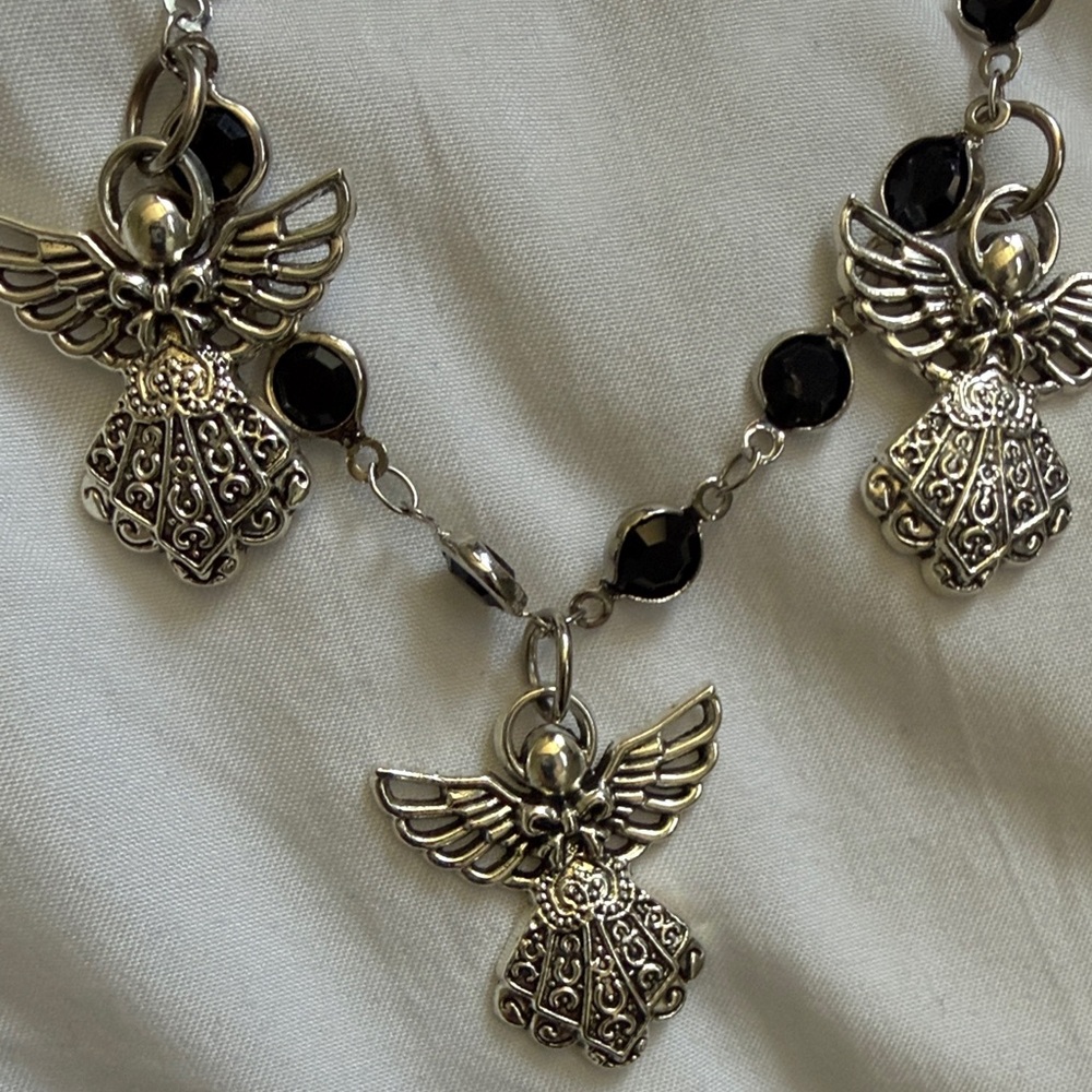 Layered Silver Angel & Heart Necklace with Black Bead Accents - Picture 3 of 9